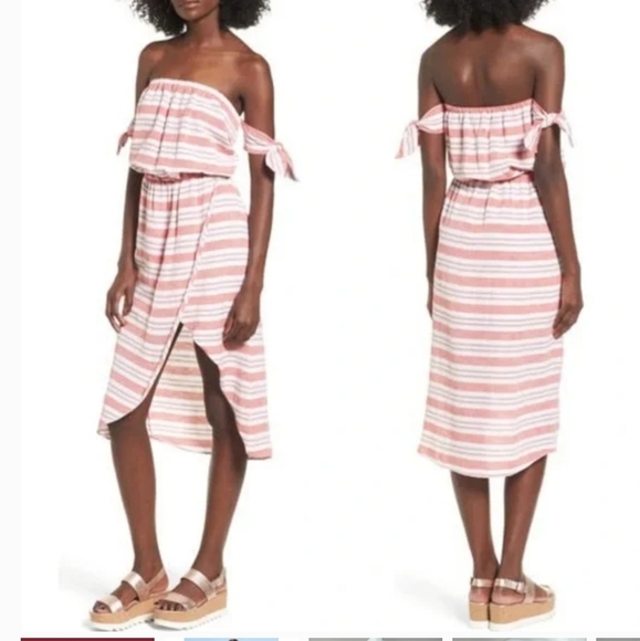 Lovers + friends | Mira off shoulder striped linen pink dress - Small - Assymetr - Picture 3 of 4